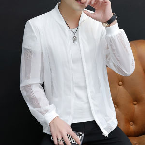 Summer Men Sun Protection Clothing Trendy Baseball Collar Cut Out Jacket K-style Ice Silk Breathable Lightweight Fishing Outwear