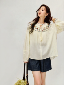 INMAN | Áo Blouse Cotton Tay Dài Phong Cách Dân Tộc Thêu