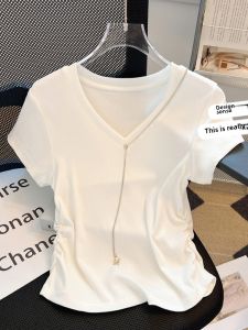 Yao Kexin ยี่ห้อผู้หญิงเสื้อยืดแขนสั้นฤดูร้อนริ้วรอย CHAIN V คอ SLIM FIT เสื้อผ้าทํางาน Regenerated Cellulose เส้นใย