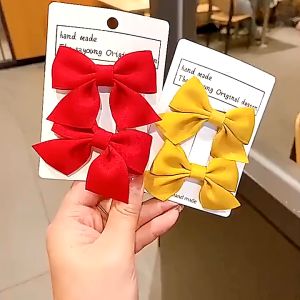 Tooyoo 2pcs Kids Bow Korean Hair Clip Set Sweet Cute Ribbon Hair Pin Hair Accessories Side Duckbill Clip