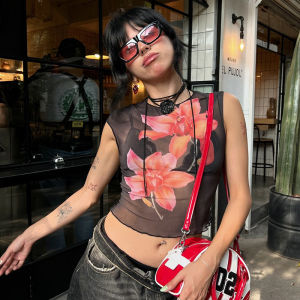 Áo Thun Nữ H053TP 2024 Mùa Hè Cổ Tròn Không Tay in Họa Tiết Ôm Vừa Vặn Ngắn Mới Về Từ Trung Quốc