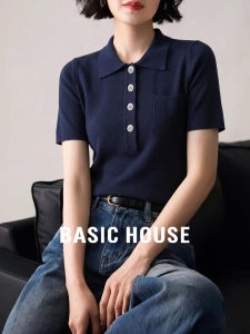 Basic House | Dark Blue Polo Neck Short Sleeve Womens Knit Top Summer New