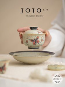 JOJOS L. PD.one Hand-Painted Ceramic Tea Bowl with Lid Blue And White Butterfly Underglaze Red Glaze Chinese Tea Set