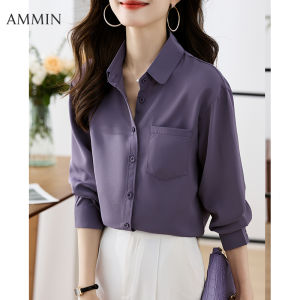 AMMIN Korean fashion loose thin long-sleeved lapel shirt For women 2024 new design sense of casual commuting office chiffon Tops