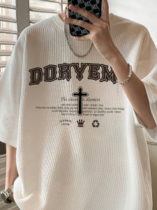 Hong Kong Style Waffle Short-Sleeved T-shirt Mens Summer New Hong Kong Style Chic Couples Tops Niche Style Cross Print T-shirt