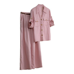 Tencel Linen Set Women Pink Workwear Shirt Wide Leg Pants Business Attire