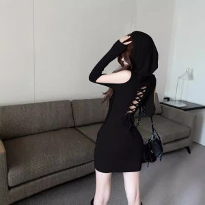 Pure Desire Hot Bé Gái Mùa Xuân Thu Co Giãn Lưng Cao Tay Đàn Hồi Ôm Dáng Váy Đầm Nữ Cổ Trắng Khóa Băng Dài Tay Áo Thun