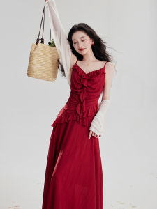 Desert Red Off-Shoulder Maxi Dress Vintage Style Asymmetrical Hemline Sweet Spicy Summer Outfit Single Piece Long Gown