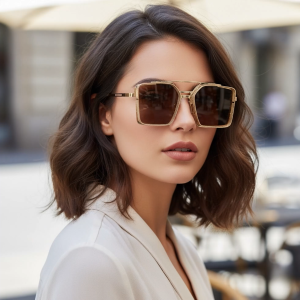 แว่นกันแดดทรงเหลี่ยมดีไซน์กรอบสีทองลายตัดดีไซน์สุดเก๋