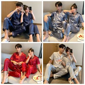 Spring Summer Couple Sleepwear Women Short Sleeve Silk Korean Version Pure Color Ice Silk Summer Home Clothes Cardigan Men Set