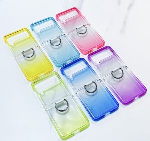 FLOVEME Gradient Transparent Phone Case For Samsung Galaxy Z Flip 5 Flip 4 Flip 3 With Ring Bracket All-Inclusive Folding Shockproof Protection Hard Back Cover For Galaxy Z Flip 5 Flip 4 Flip 3