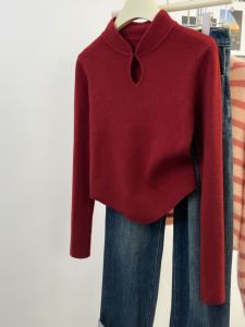 Red Chinese Style Long Sleeve Knitted Shirt Womens Autumn Winter Slim Fit Base Layer Top Stand Collar Comfortable Cashmere Sweater