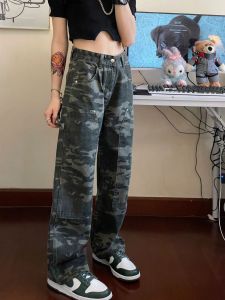 Quần Jeans Denim Camouflage Ống Rộng Cạp Cao Phong Cách Mỹ Cho Nữ Quần Thường Ngày Quần Ống Rộng Quần Công Sở Cạp Cao