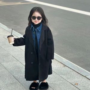 Girls Woolen Coat Medium Length Non Double Face Cashmere Coat Autumn Winter New Year Style Polyester Fiber Jacket for Kids