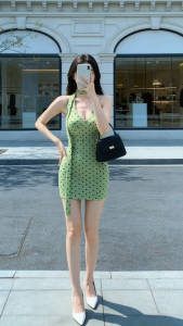Đầm Yếm Chấm Bi Xanh Lá Nữ Váy Ngắn Chữ A Thắt Nơ Thanh Lịch Dễ Phối Đồ