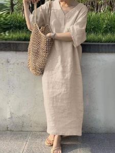 Summer Casual Loose Linen Dress Bell Sleeve Long Split Belly Covering Slimming Mid-Length A-Line V-Neck X-Shape Solid Color