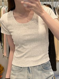 Áo Thun Cotton Tay Ngắn Cổ Chữ U Đơn Giản Cho Nữ Mùa Hè Dáng Ôm Vừa Vặn Màu Trắng Tinh Khiết Phong Cách Hàn Quốc Thường Ngày