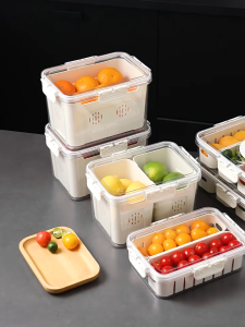 Airtight Drain Food Storage Containers Stackable Refrigerator Organizer Bins with Lids with Removable Compartment Basket