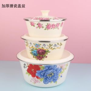 Thickened Enamel Basin Traditional Style Hand-Painted Floral Pattern for Mixing Dough Filling And Pork Fat in Home Use