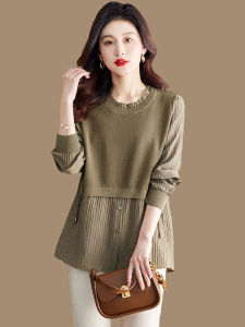 Fashionable Knitted Midi Top for Women Silk Blend Splice Fake Two-Piece Loose Fit Spring Autumn Korean Style Long Sleeve