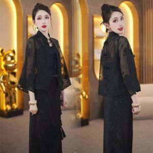 New Chinese Style Button Set Womens Summer 2025 Short Outerwear plus Black Split Half Skirt Two-Piece Set Fashionable Ensemble