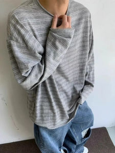 เสื้อยืดแขนยาวลายทางสีเทาอ่อนสำหรับผู้ชาย ทรงหลวม ผ้าโพลีเอสเตอร์ ระบายอากาศได้ดี ทรงปกติ คอกลม ฤดูใบไม้ร่วง 2025