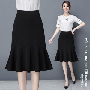 กระโปรงทรงหางปลาเอวสูง กระโปรงทรงเอผ่าหน้า ผ้าโพลีเอสเตอร์ แฟชั่นฤดูใบไม้ผลิและฤดูร้อน กระโปรงทรงเข้ารูปเอวสูงสำหรับผู้หญิง