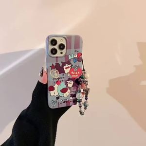 Ốp Lưng Điện Thoại Họa Tiết Mèo Caro Retro Kèm Dây Đeo Và Vòng Tay Cho iPhone 17 AIR 16 Pro Max 15 14 13 12 11 XR 8 7 Plus Màu Xanh Khói Thiết Kế DIY Sáng Tạo Chống Sốc