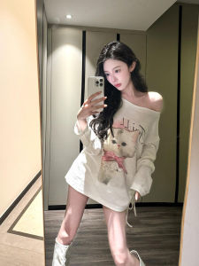 Sweet And Spicy Girl Shoulder Bared Long Sleeve T Shirt Womens Spring Autumn Loose Slimming Cat Print Base Shirt Top