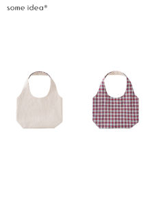 Double-Sided Fashion Canvas Shoulder Bag with Pleated Design in Beige And Red Blue White Plaid Fabric for Casual Use