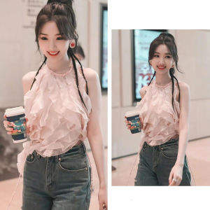 Mao Xiao Tong Yu Shu Xin Cùng Phong Cách Màu Hồng Viền Bèo Cộc Tay Không Tay Lụa Áo Sơ Mi Nữ Mùa Hè Thiết Kế Cảm Giác Khán Giả Nhỏ Áo