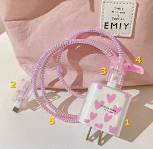 4 in 1 Data Cable Protection SleeveCharger Protection Sleeve For iPhone 18W/20W Fast Charger Cute Cartoon Cable Cover Phone Cord Protector for iPad/Airpods Charger Case Protection Soft Silicone Case Cover Cable Spring Wire Winding Protector Top Sale