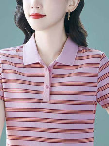 QIAOXIZI | Fashionable Short Sleeve Striped T-Shirt for Middle-aged Women