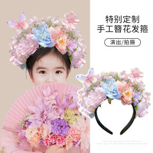 Handmade Childrens Floral Hairband Girls Headwear Flower Hair Accessories Traditional Hanfu Hair Decorations Travel Outfit