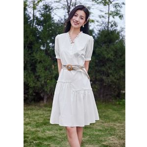 WANGGONGZHU | Elegant V-neck A-line Midi Dress Women Summer 2025 New High Waist Gored Skirt Korean Style Cotton 100% Fashionable Long Dress
