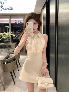 Lusi Same Style Rich Home Lace Sleeveless Halter Gold Dress French Socialite Dress Birthday Party Little Dress
