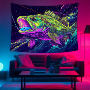 VIKAMA Bigmouth Black Bass Tapestry Neon Starry Sky Background Wall Decor for Living Room Game Room and Bedroom
