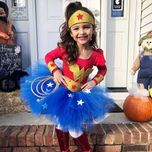 Betterservice New Wonder Woman Costume Kids Dress with headband Wristband Girls Superhero Costume Children Halloween Tutu Dress for Girls Christams party supply