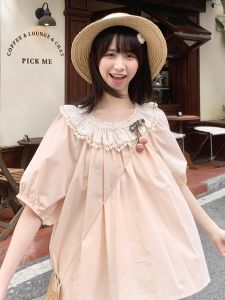 Pink Lace Collar Short Sleeve Shirt Womens Style Japanese Sweet Girl Doll Shirt Cotton Polyester Bubble Sleeve Summer Top