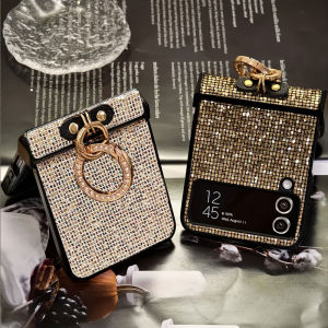 แหวนประดิษฐ์ชุบเพชรหัวเข็มขัดเคสโทรศัพท์สําหรับ Samsung Galaxy Z Flip 7 6 5 4 3 Series พร้อมการออกแบบที่หรูหราเงา