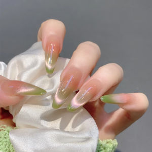 Handmade Wearable Nail Art Long Claw Green Cats Eye Design Detachable Fashionable Gentle Color Series Nail Tips from China