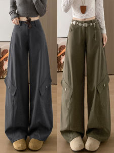 Retro Deep Grey Knife Edge Work Pants Womens High Waist Slimming Short Size Casual Wide Leg Pants Autumn New Style