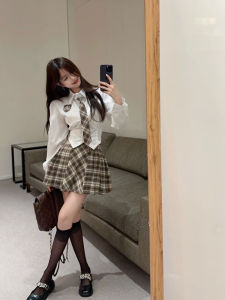 GUZILIAN | Sweet College Style Bubble Sleeve Short Shirt And Skirt Set Womens Retro Plaid Half-length JK Mini Dress Korean Polo Collar Winter