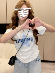 Shiny Diamond Design round Neck Short Sleeve T-Shirt Womens Summer New plus Size Waist Cinching Meat Concealing Slimming Top