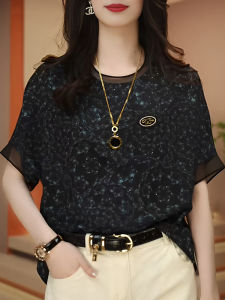 Summer Casual round Neck Short Sleeve T-Shirt Womens Loose Fit Chiffon Top Fashionable Momwear plus Size Versatile Basic