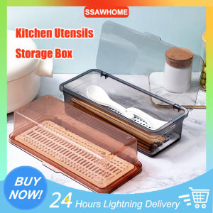 Kitchen Utensils Storage Box Dust-Proof Tableware Holder Utensils And Chopstick Plastic Storage Box Spoons And Forks Organizer With Cover (Grey/Brown)