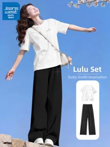 Jeanswest | Korean Style Ice Silk Wide Leg Pants Short Sleeve Womens Suit