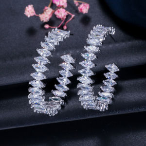 SEQUITO Dazzling Marquise Cut White AAA Cubic Zriconia Crystal Big Round Hoop Earrings Trendy Women Silver Plating Ear Jewelry for Evening Party SE748