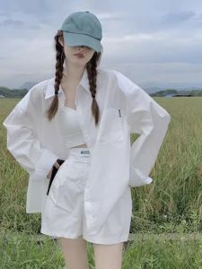 White Long Sleeve Womens Shirt Summer Korean Style Loose Sun Protection Outerwear Trendy Polo Collar Polyester Blend