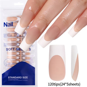 120Pcs Glossy Pink French Fake Nails 12-Sizes Long Square Press On Nails White Edge Design Full Cover False French Tip Nails TD